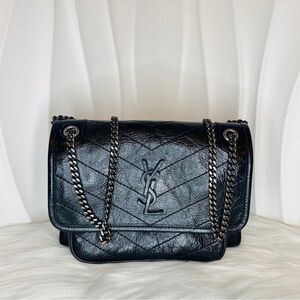 SAINT LAURENT Niki Small Black Crinkled Vintage Leather Silver Hardware